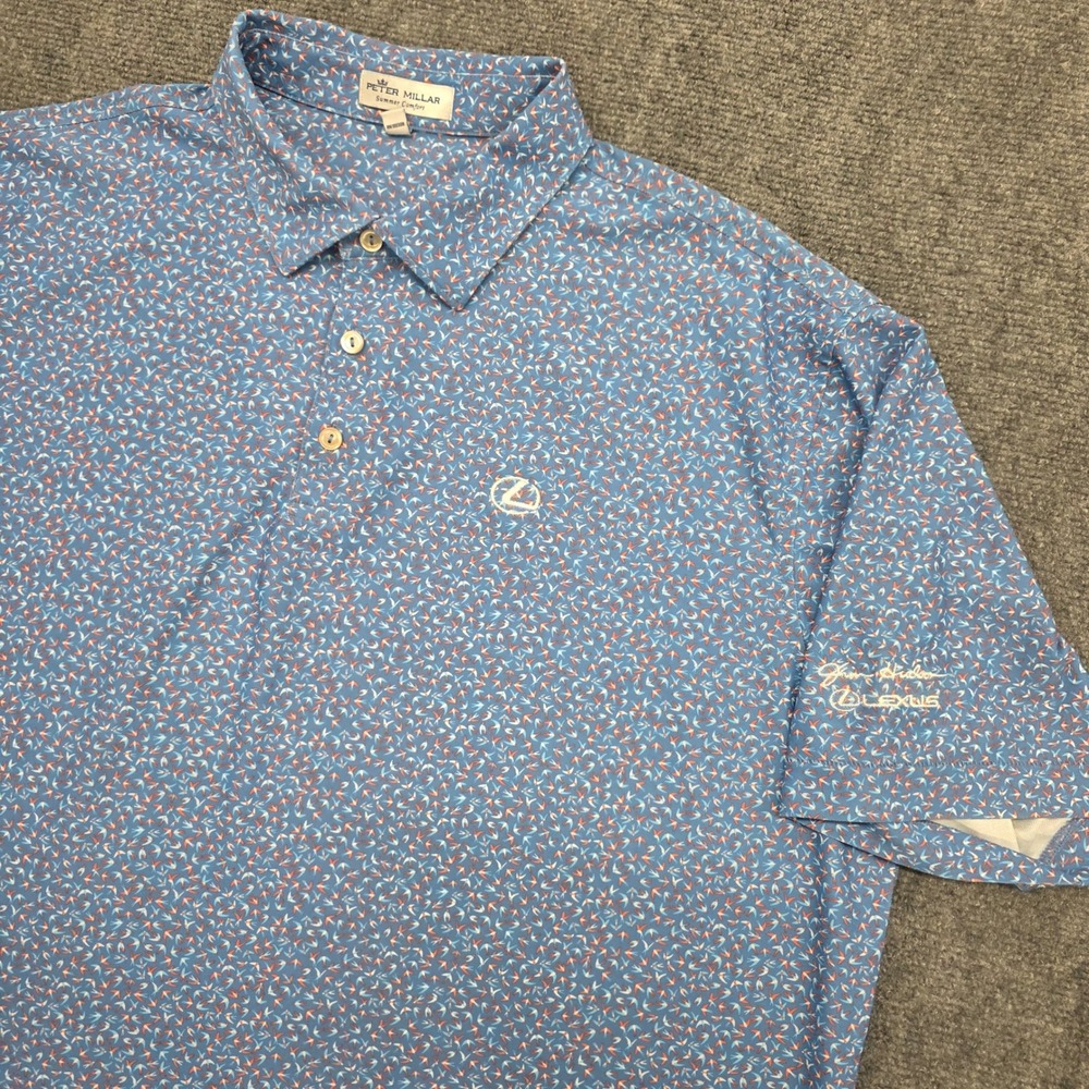 Peter Millar Summer Comfort Lexus Dealer Golf Polo Shirt XL Blue All Over Bird